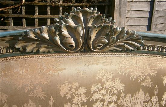 An early 20th century French painted upholstered double bed frame (King size) W.160cm